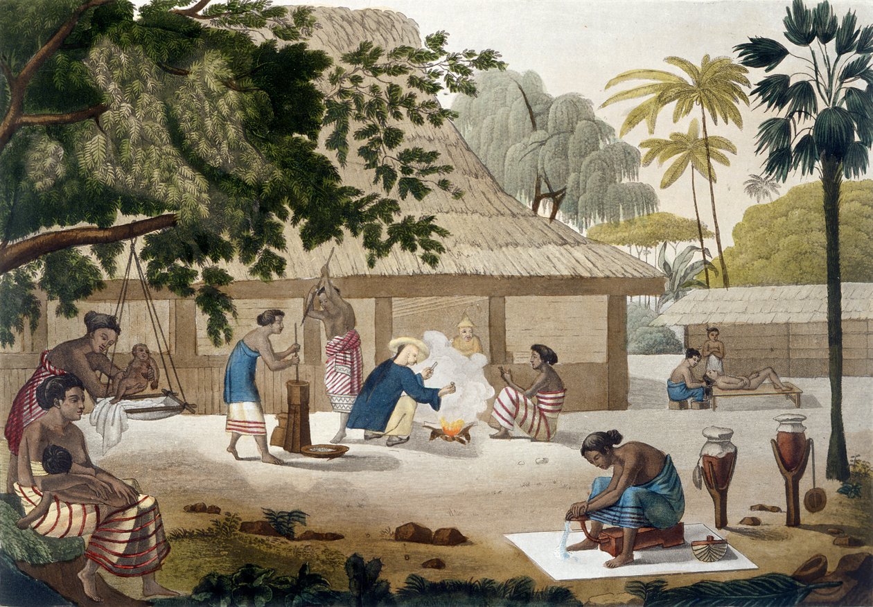 Domácí život v Kupangu, Timor, deska 10 z „Le Costume Ancien et Moderne“ od Julese Ferraria, vydáno kolem 20.–30. let 19. století od Felice Campi