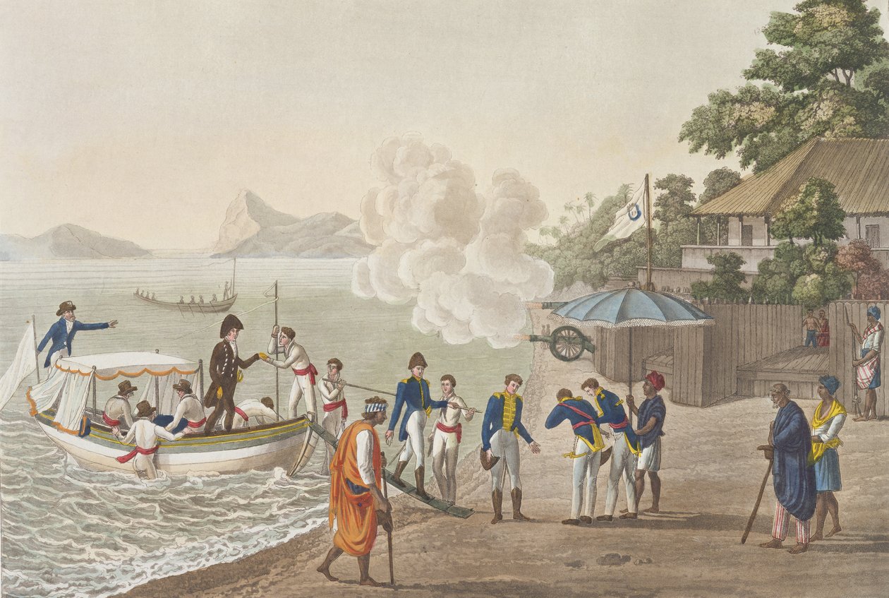 První vylodění Francouzů na portugalské základně v Dille, Timor, deska 5 z „Le Costume Ancien et Moderne“ od Julese Ferraria, vydáno kolem 1820-30s od Felice Campi