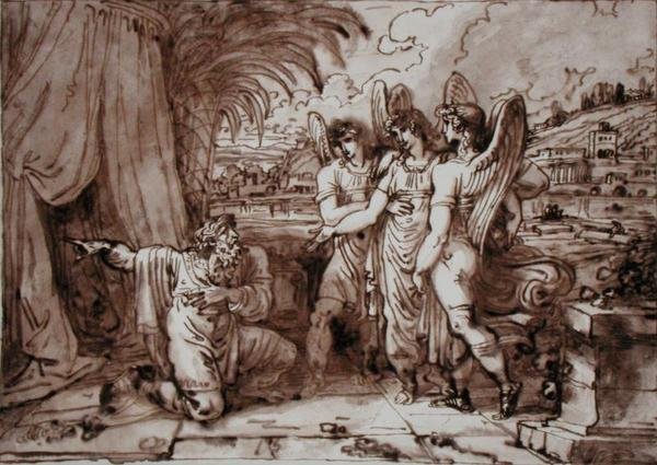 Abraham a andělé (pero a hnědý inkoust, hnědá pero přes tužku na papíře) od Felice Giani