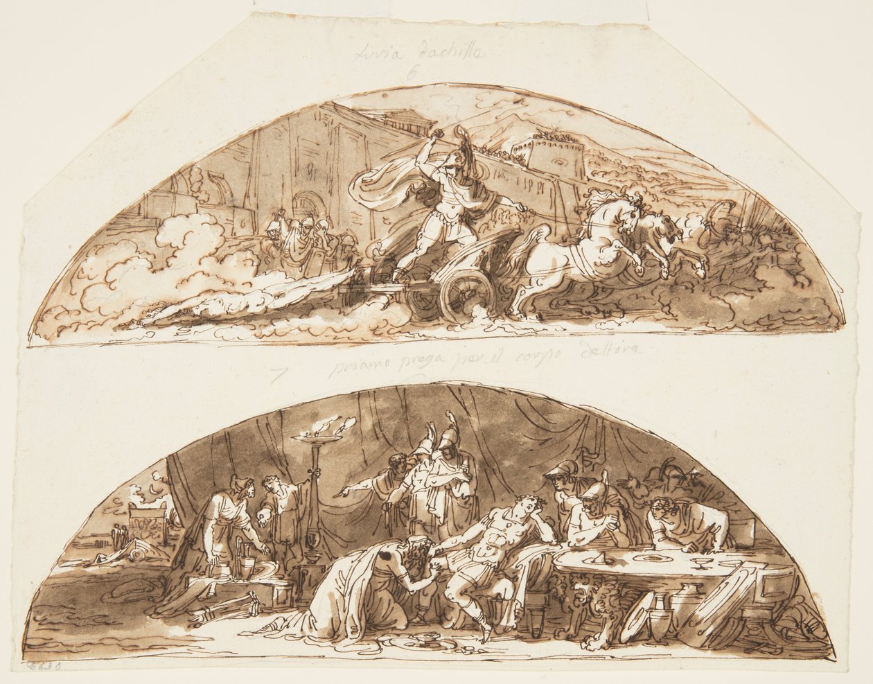 Achilles táhne Hectorovo tělo kolem zdí Tróje, Priam prosí o Hectorovo tělo, Návrhy stropů pro Galleria di Achille, Palazzo Milzetti, Faenza, Itálie od Felice Giani