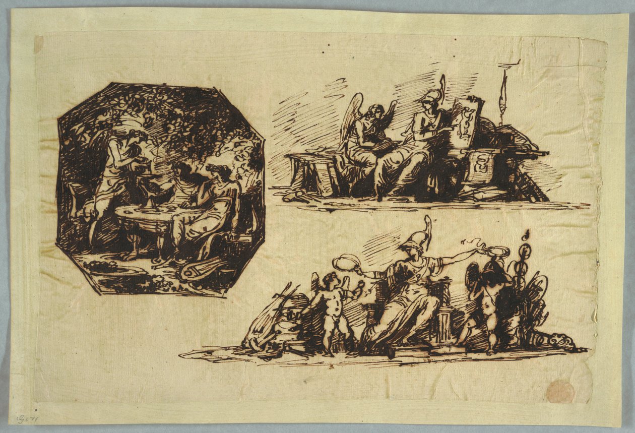 Bacchus, Apollo a Mnemosine; Minerva s trofejemi od Felice Giani
