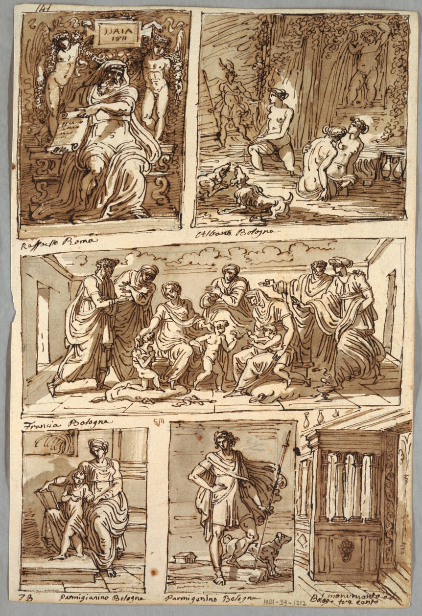 Design podle obrazů Raphaela a obrazů v Bologni od Albaniho, Francia, Parmigianina; Monument Verso: Anatomická studie od Felice Giani