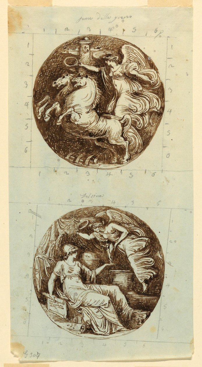Kresba, Okřídlená vítězka na voze; Okřídlená vítězka korunující Minervu; dva rondely, asi 1805 od Felice Giani