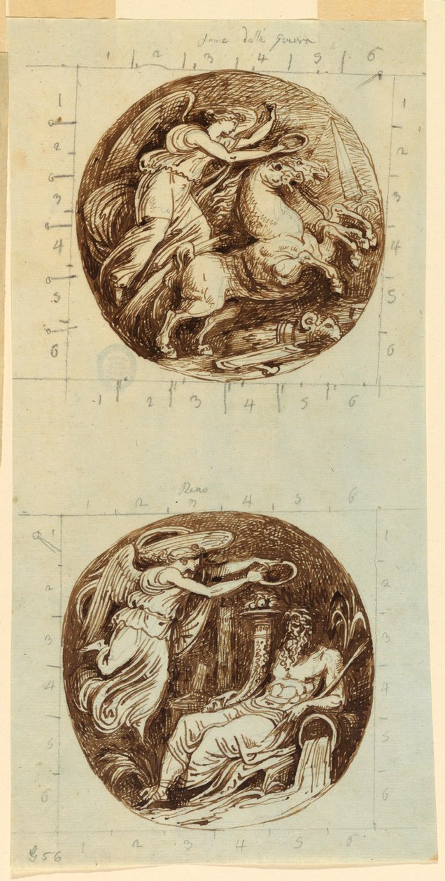 Kresba, Okřídlené vítězství na voze; okřídlené vítězství korunující říčního boha, Reno; dva rondely, kolem roku 1805 od Felice Giani