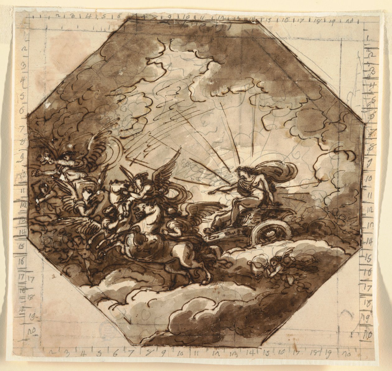 Kresba, Apollón na voze s Aurorou, Sala Ottogonale, Palazzo Milzetti, Faenza, 1804-05 od Felice Giani