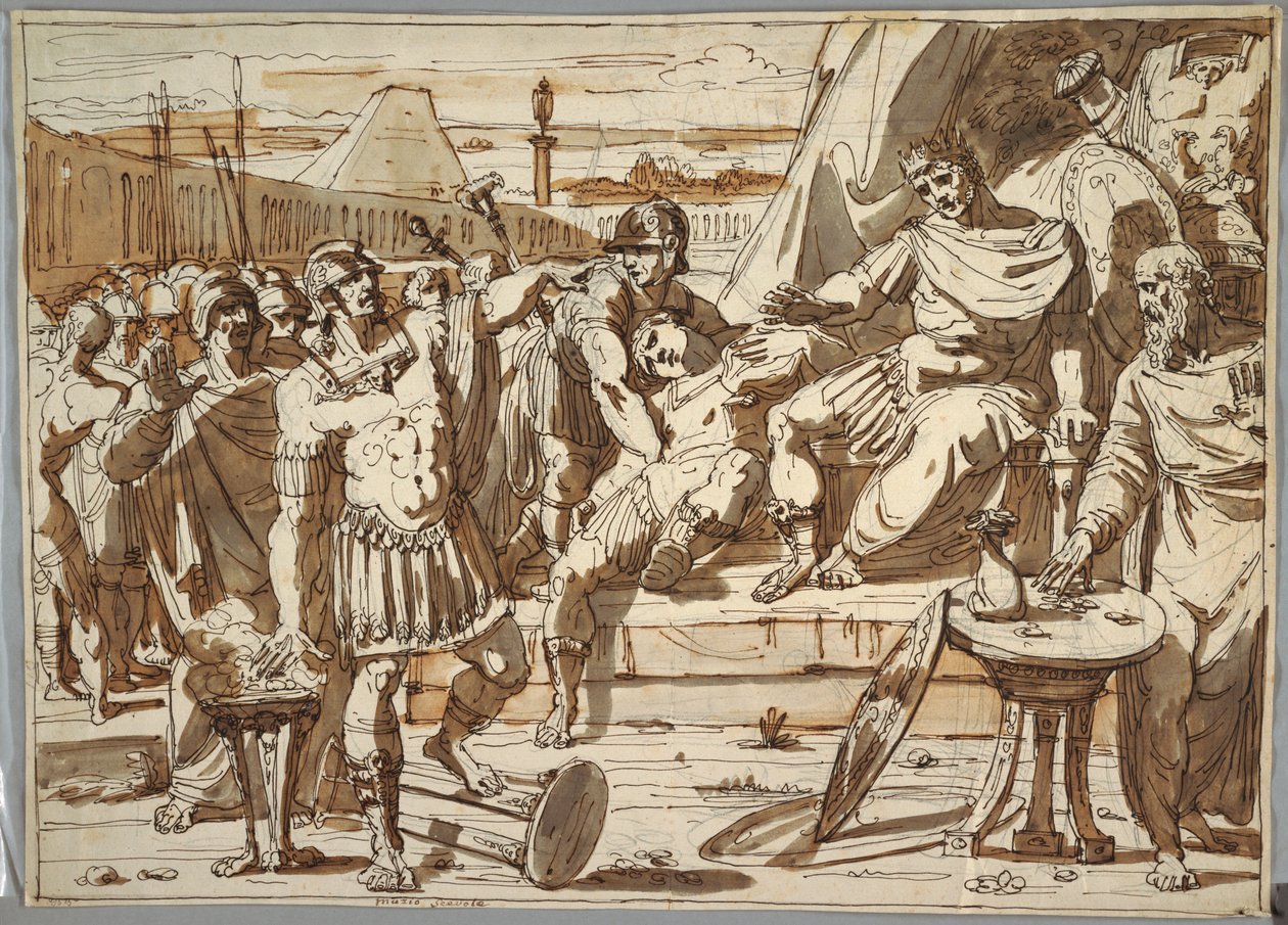 Kresba, Caius Mucius Scaevola a Porsena, 1800-1820 od Felice Giani