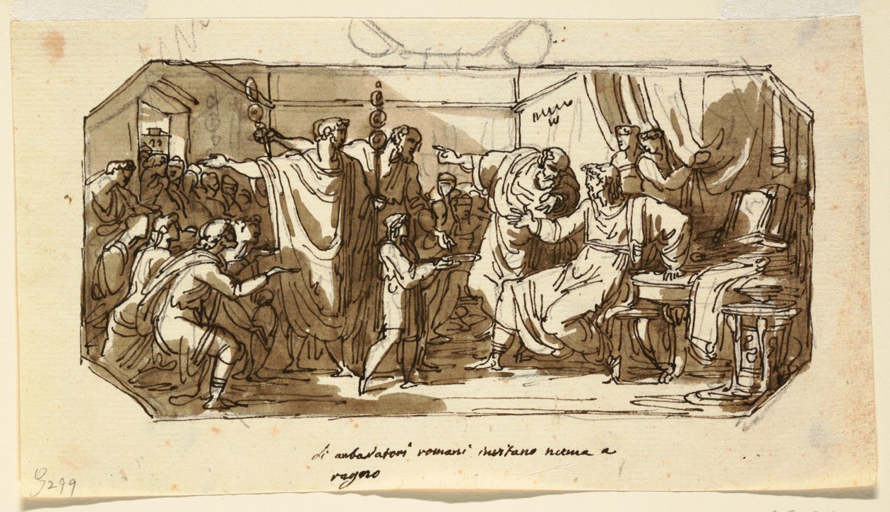 Kresba, design stropu: Římský velvyslanec požádal Sabina Numu Pompilia o vládu nad Římem, Sala di Numa Pompilio, Palazzo Milzetti, Faenza, 1802-05 od Felice Giani