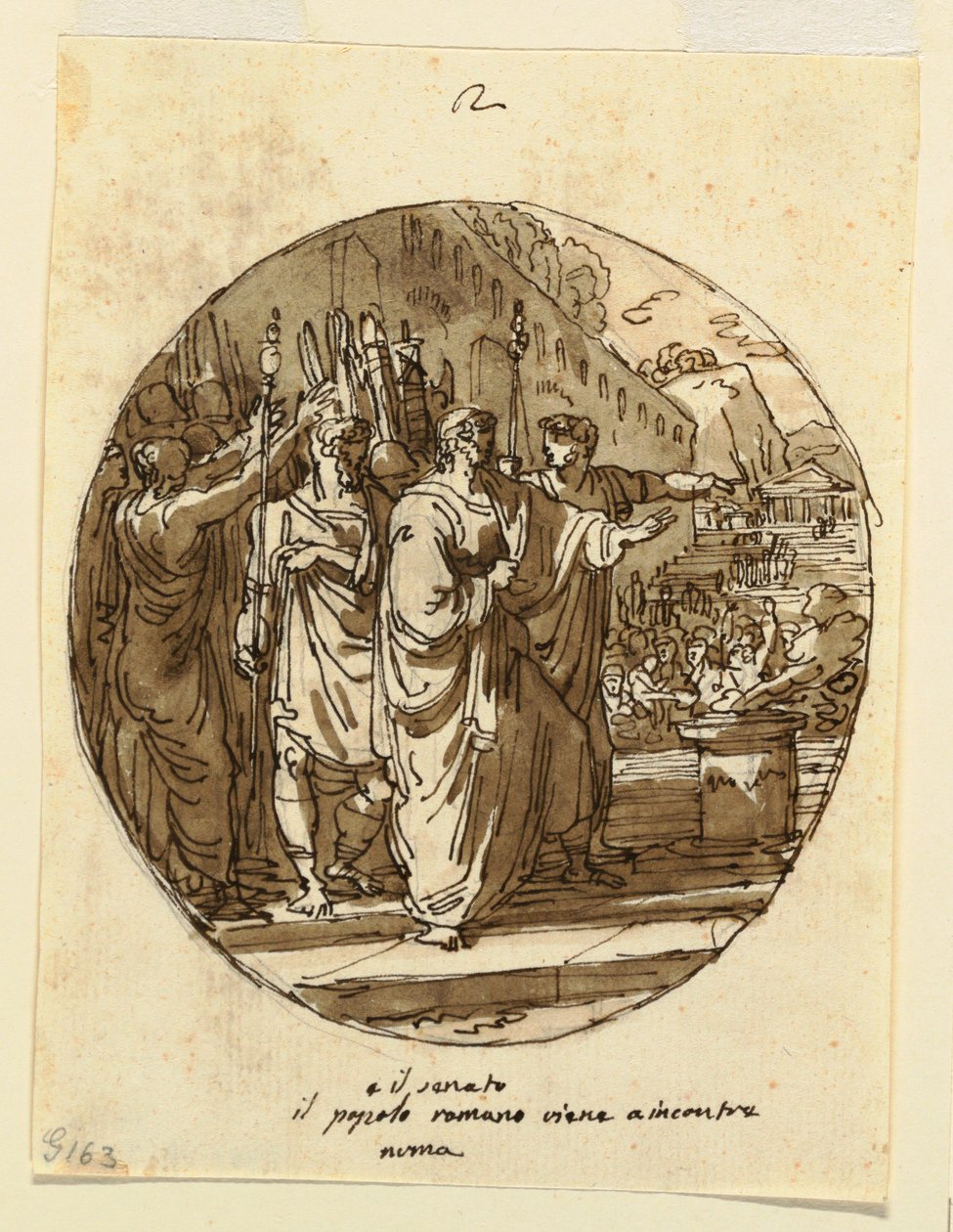 Kresba, Návrh stropu pro Numu Pompilia vítaného v Římě po jeho zvolení, Sala di Numa Pompilio, Palazzo Milzetti, Faenza, 1804-05 od Felice Giani