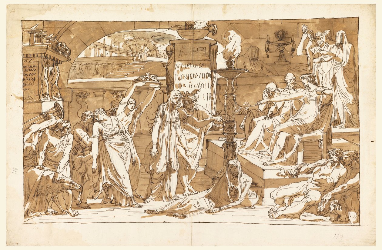 Kresba, Hádes; Persefona v podsvětí (Obětování Proserpině), asi 1820 od Felice Giani
