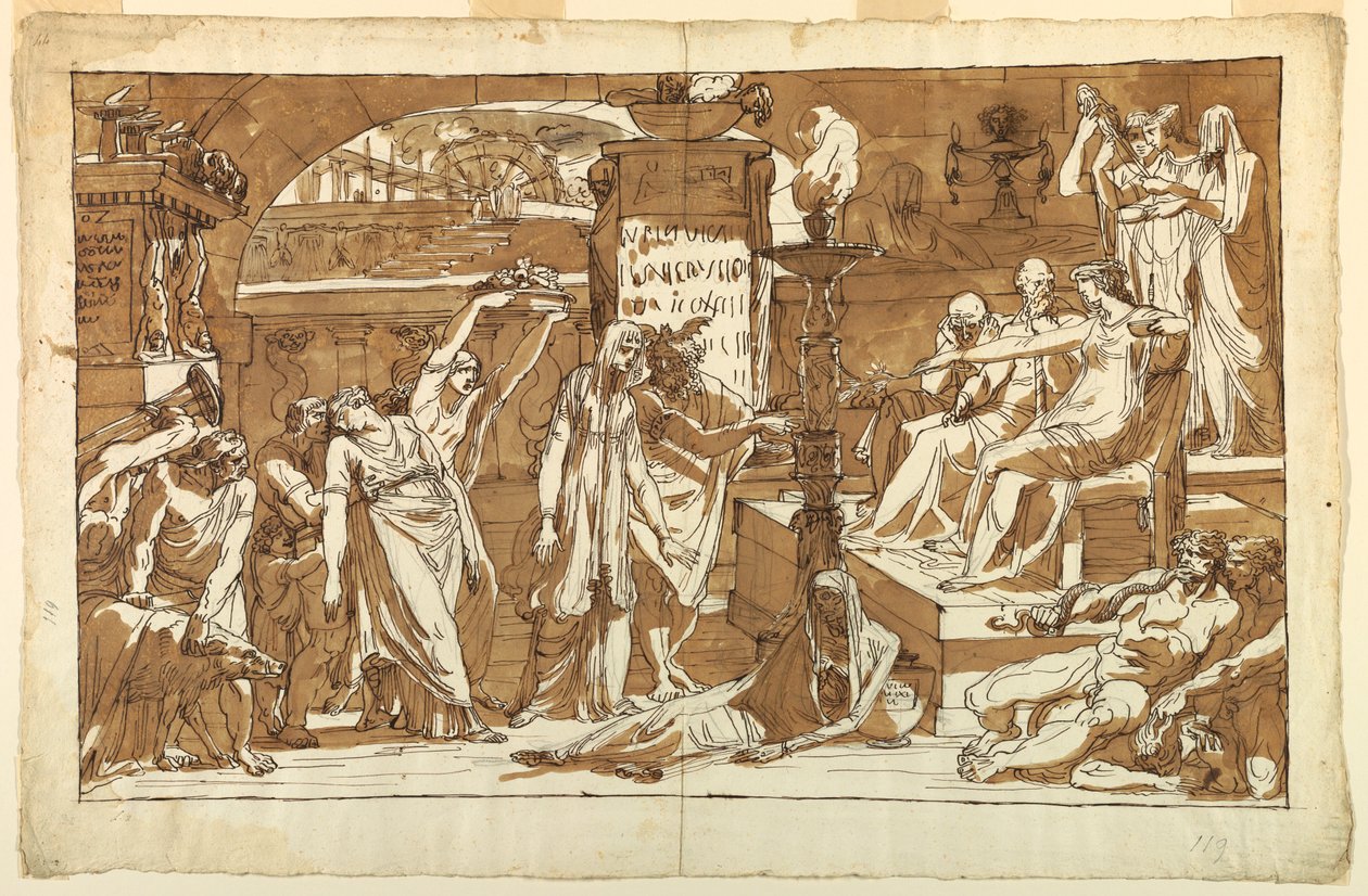 Kresba, Hádes; Persefona v podsvětí (Obětování Proserpině), asi 1820 od Felice Giani