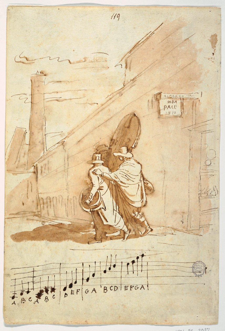 Kresba, Recto:  Tři hudebníci před Albergo Della Pace, 1810, 1810 od Felice Giani
