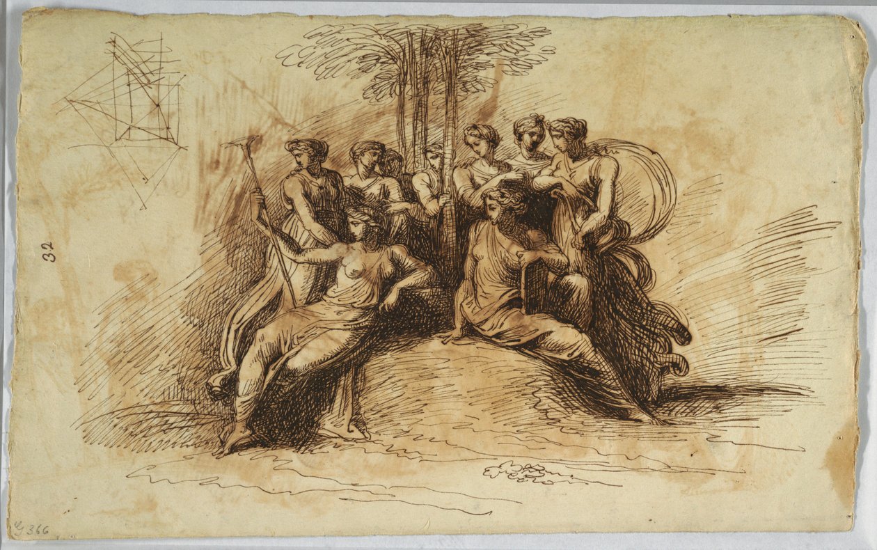 Kresba, Autoportrét Felice Gianiho; recto:  Múzy sedící pod stromem, konec 18.-začátek 19. stol. od Felice Giani