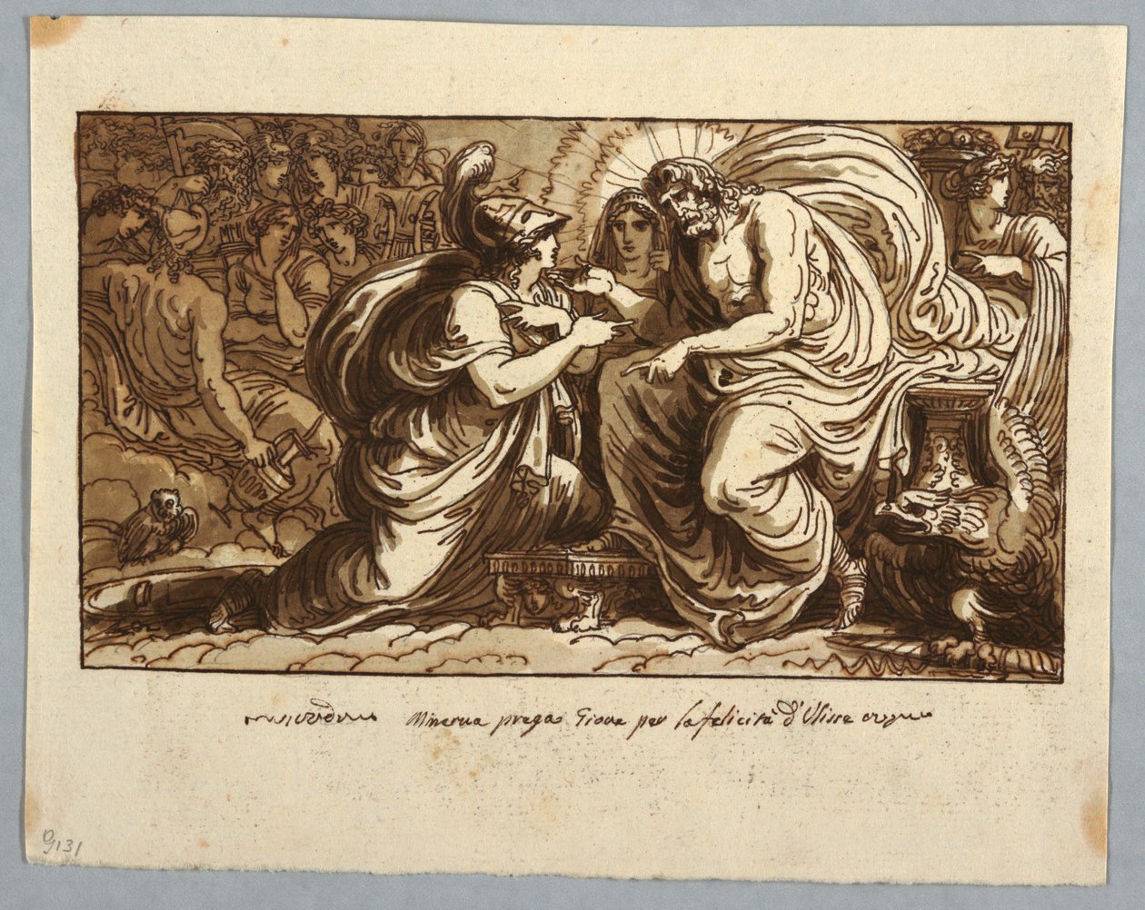 Kresba, list ze skicáku: Minerva se ptá Jupitera na Odysseovo štěstí aneb Minerva se ptá Jupitera na osud Ithaky, 1802-05 od Felice Giani