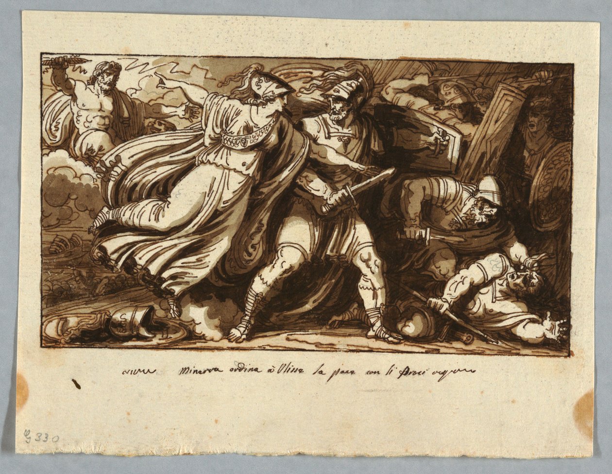 Kresba, list ze skicáku: Minerva nařizuje Odysseovi, aby uzavřel mír s Penelopinými nápadníky (Minerva induce Ulisse alla pace con i Proci), před rokem 1805 od Felice Giani