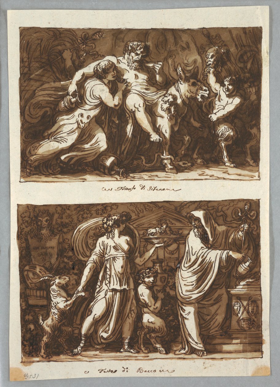 Kresba, list ze skicáku:  Silenův triumf; obětování Bakchovi, 1800-1810. od Felice Giani