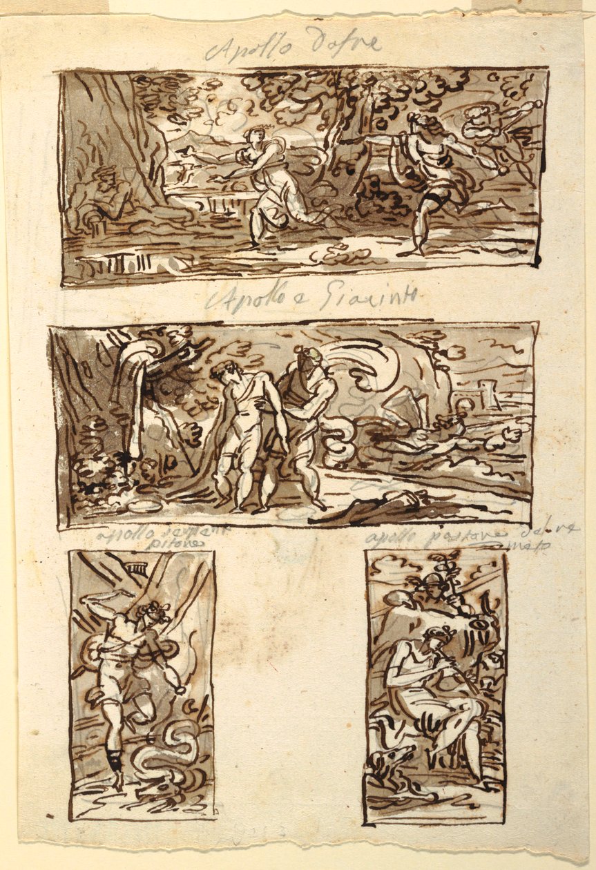 Čtyři kresby mýtu o Apollónovi; Dekorace zdi nad římsou, Sala di Apollo, Palazzo Cavina, Faenza od Felice Giani