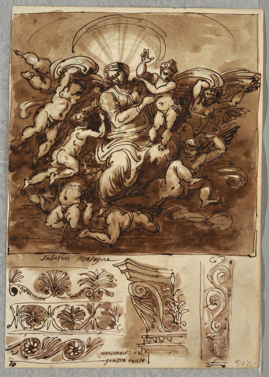 Madona ve slávě, Studie podle Bartolomea Passerotiho Bologna; Architektonické detaily od Felice Giani