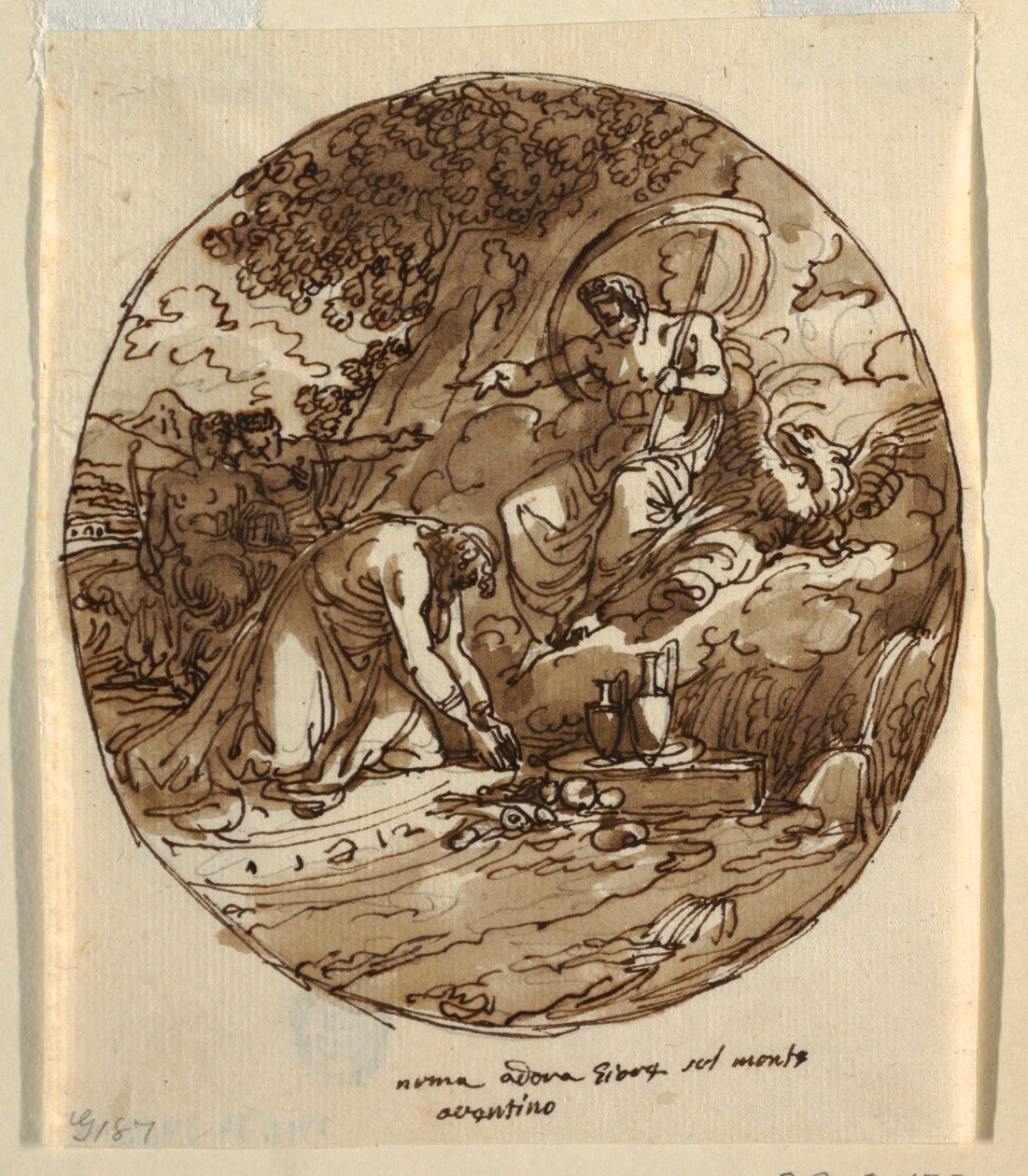Numa Pompilius uctívající Jovea na Aventinu, stropní design pro Sala di Numa Pompilius, Palazzo Milzetti, Faenza od Felice Giani