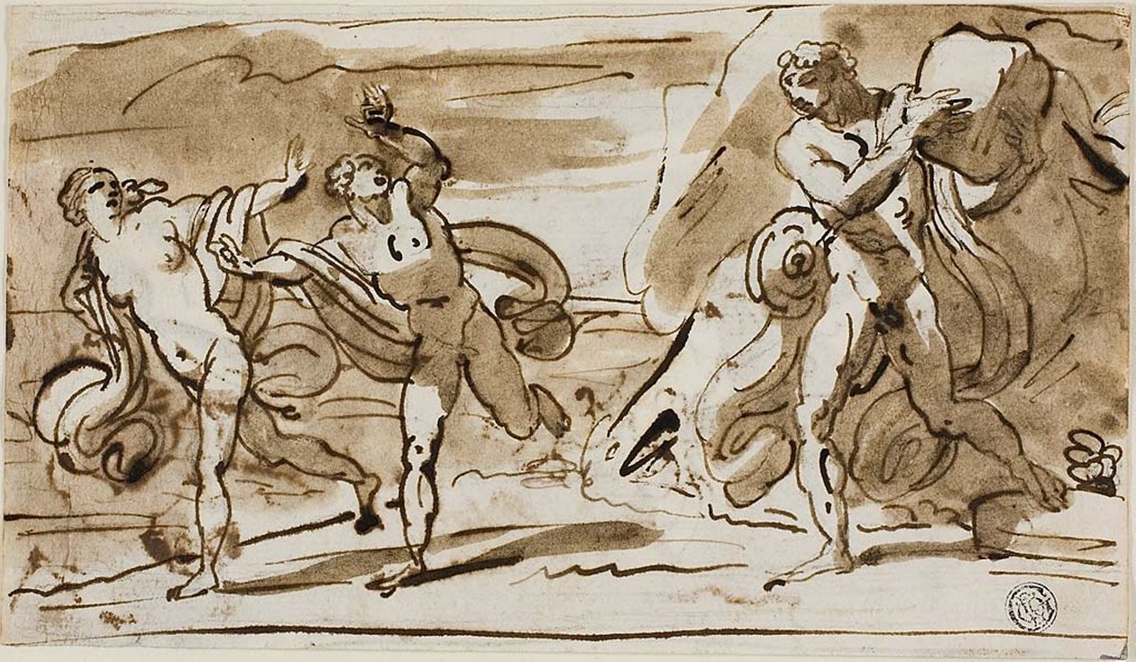 Polyphemus vrhající balvany na prchající Aeis a Galatea (recto); Polyphemus hraje na rákosové píšťaly pro Galateu (verze) od Felice Giani