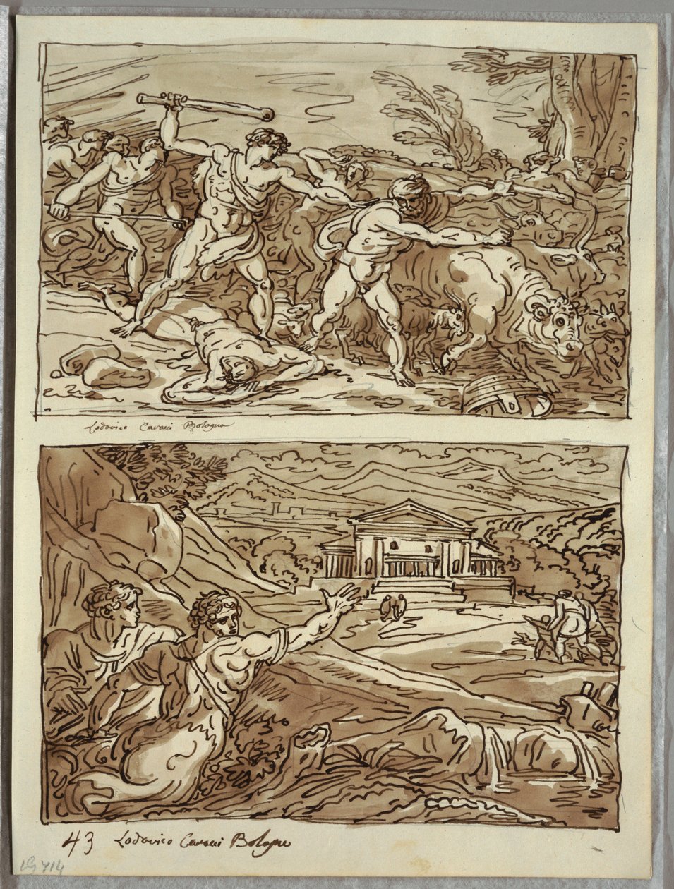 Remus odežene a zabije lupiče stád; Svatyně pro uprchlíky na Campidoglio, dvě studie po Carracci od Felice Giani