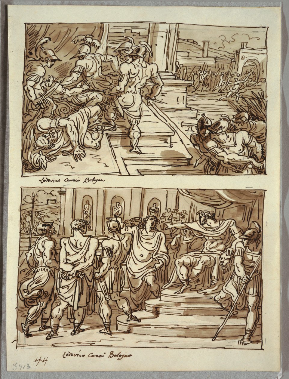 Remus zabije krále Amulia; Remus vedl v řetězech před králem Amuliem; Dvě studie po Carracci od Felice Giani