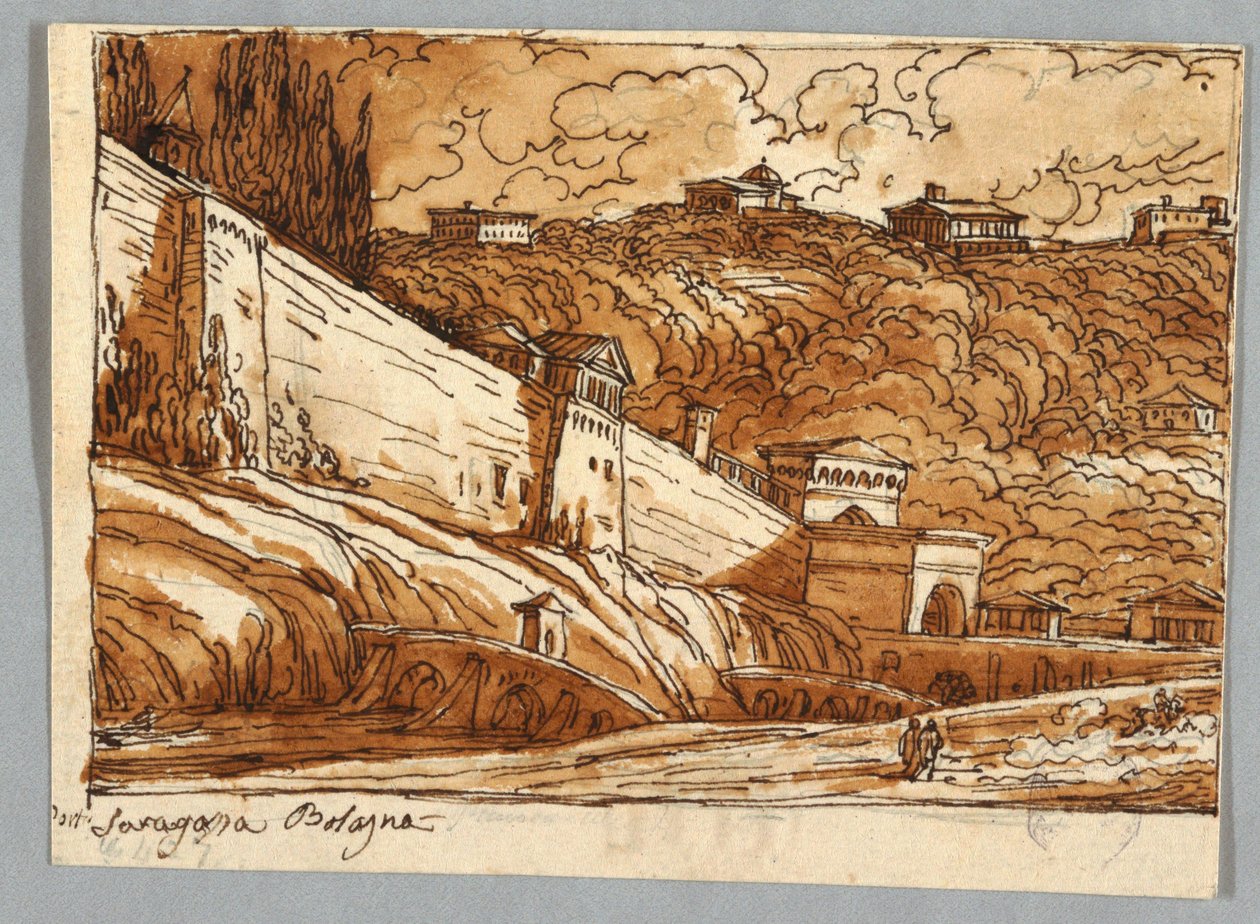 Strana skic, Folio 57: Studium po Porta di Saragossa v Bologni; Verso, Architektonické detaily od Felice Giani