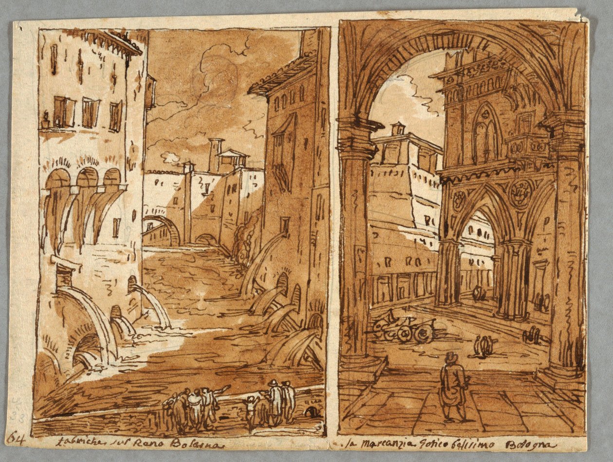 Stránka skicáře, Folio 64: Study after Bolognese Architecture and Sculpture; Verso: Geometrické vzory od Felice Giani