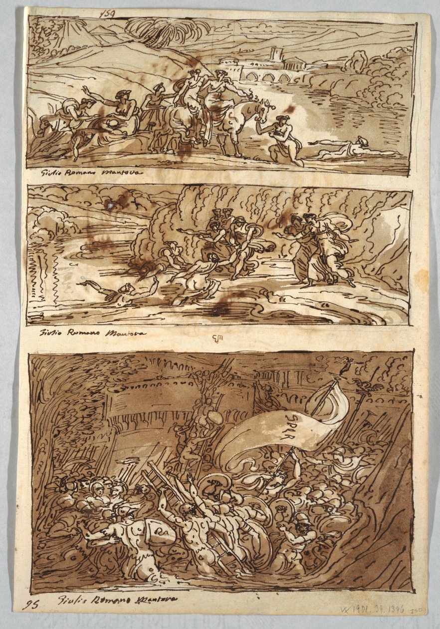 Strana skicáře, Folio 95: Tři obrazy podle Giulia Romana; Verso: Lev a Orel od Felice Giani