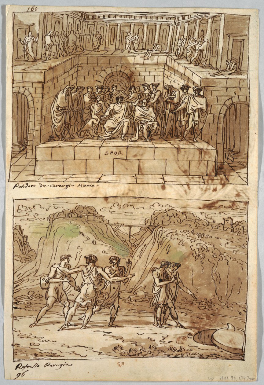Strana skicáře, Folio 98: Dva obrazy podle Caravaggia a Raphaela; Verso: Orel a vůl od Felice Giani