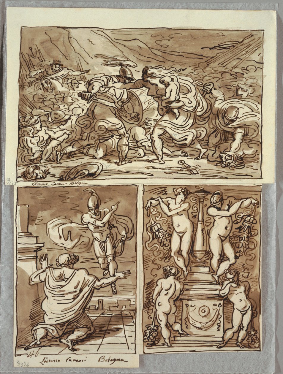 Bitva mezi Římany a Sabiny; Zjevení Romula Proculovi, dvě studie po Carracci; Svícen od Felice Giani