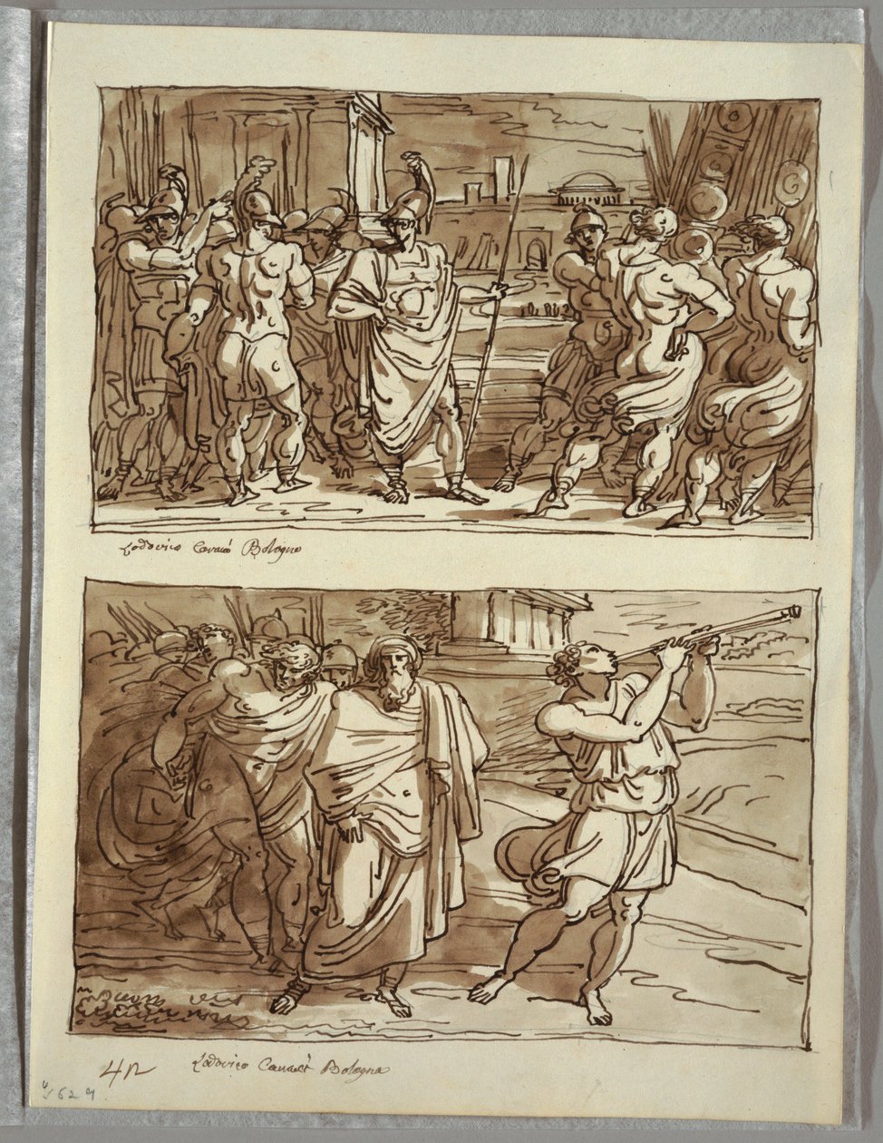 Pýcha Romula: Výsměch starého kapitána Veii; Dvě studie po Carracci od Felice Giani
