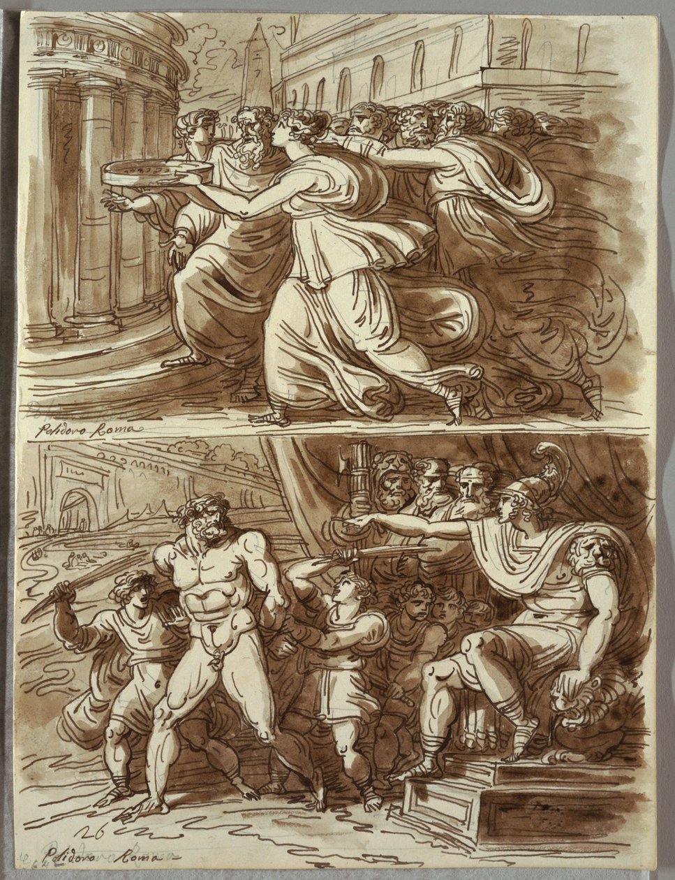 Vestal Tuccia nese vodu v sítu; Dvě studie po Polidoro da Caravaggio od Felice Giani