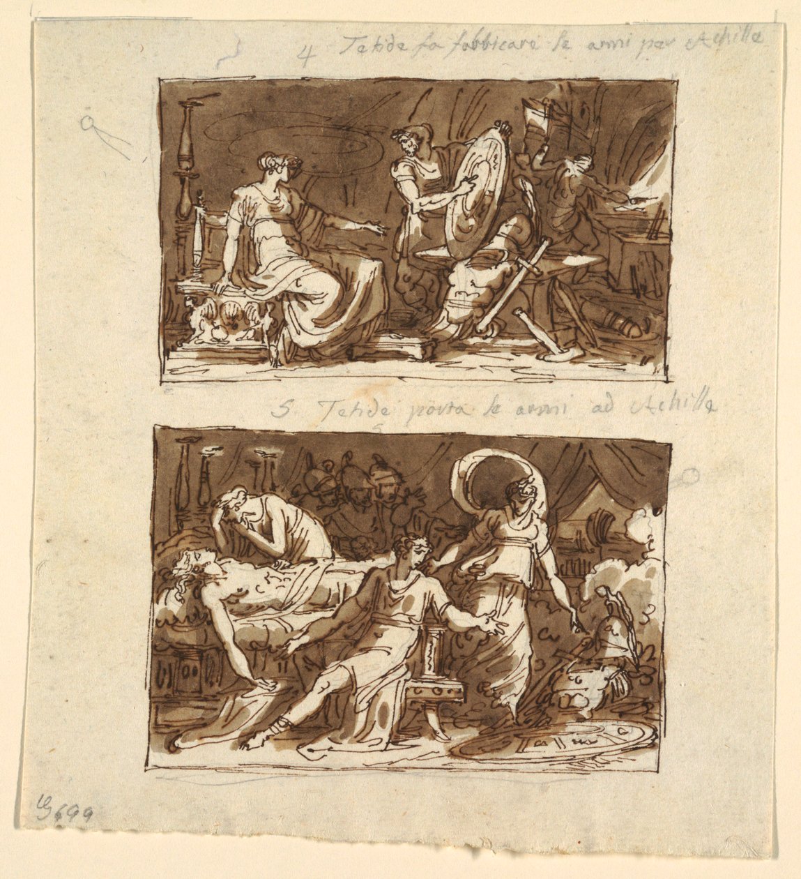 Thetis v dílně Hephaestus; Thetis ukazuje brnění Achilleovi: Dva návrhy stropních panelů v Galeria d