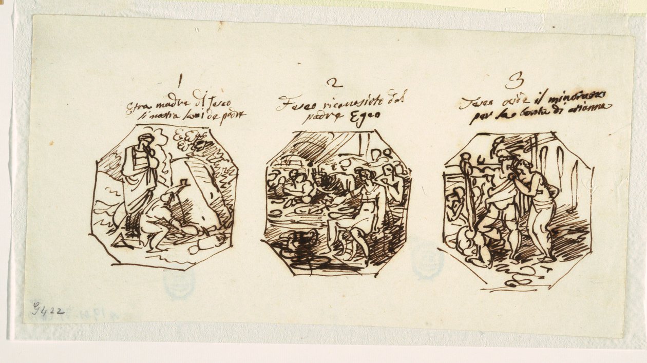 Tři náčrtky Theseových předmětů, pro Sala di Teseo, Palazzo Gaddi, Forli od Felice Giani