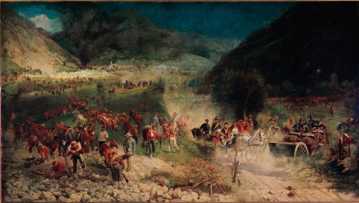 Třetí italská válka za nezávislost: „“bitva u Bezzecca““ 21. 7. 1866 se postavila proti tělu lovců Giuseppe Garibaldiho proti rakouské armádě. Obraz Felice Zennaro (1833-1926) Milán, Muzeum Risorgimento od Felice Zennaro