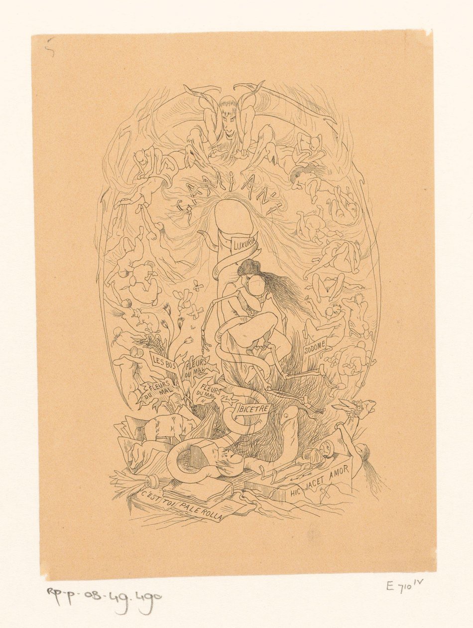 Frau in amouröser Umarmung mit einem Skelett od Félicien Rops
