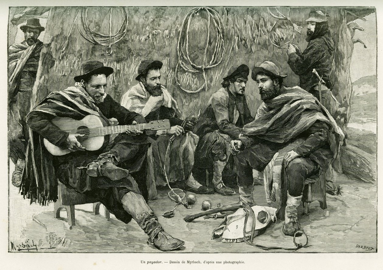 Payador, souboj ve verších chodících zpěváků. Rytina od Myrbach, k ilustraci příběhu Voyage a la Plata, v roce 1886, Emile Daireaux, in le tour du monde 1888, režie Edouard Charton (1807-1890), Hachette, Paříž. od Felicien baron de Myrbach Rheinfeld