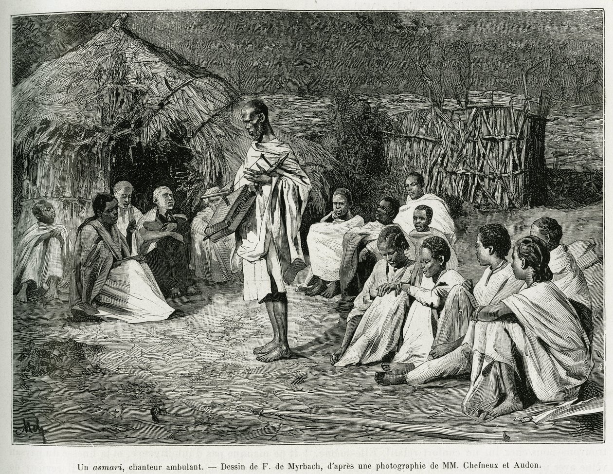 Asmari, chodící zpěvačka. Rytina F. De Myrbach, po fotografii, k ilustraci příběhu Voyage au Choa (Abyssinie meridionale), v letech 1884-1888, Henry Audon, in le tour du monde 1889, režie Edouard Charton (1807-1890), Hachette , Paříž. od Felicien baron de Myrbach Rheinfeld