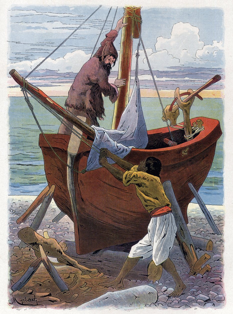 Robinson Crusoe a Friday staví loď. od Felicien baron de Myrbach Rheinfeld