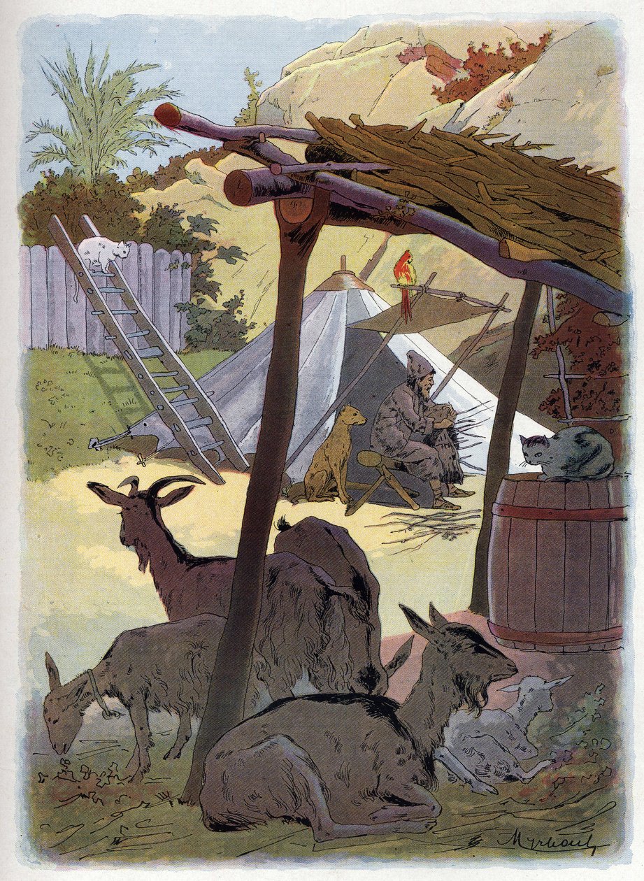 Robinson Crusoe domů se svými zvířaty. od Felicien baron de Myrbach Rheinfeld