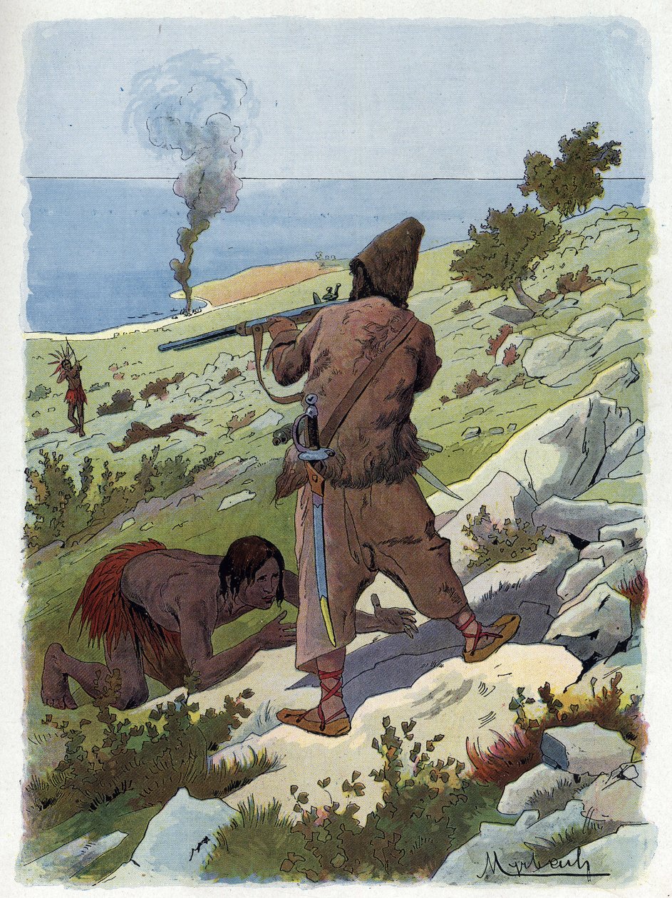 Robinson Crusoe zabíjí divochy, kteří pátky pronásledují. od Felicien baron de Myrbach Rheinfeld