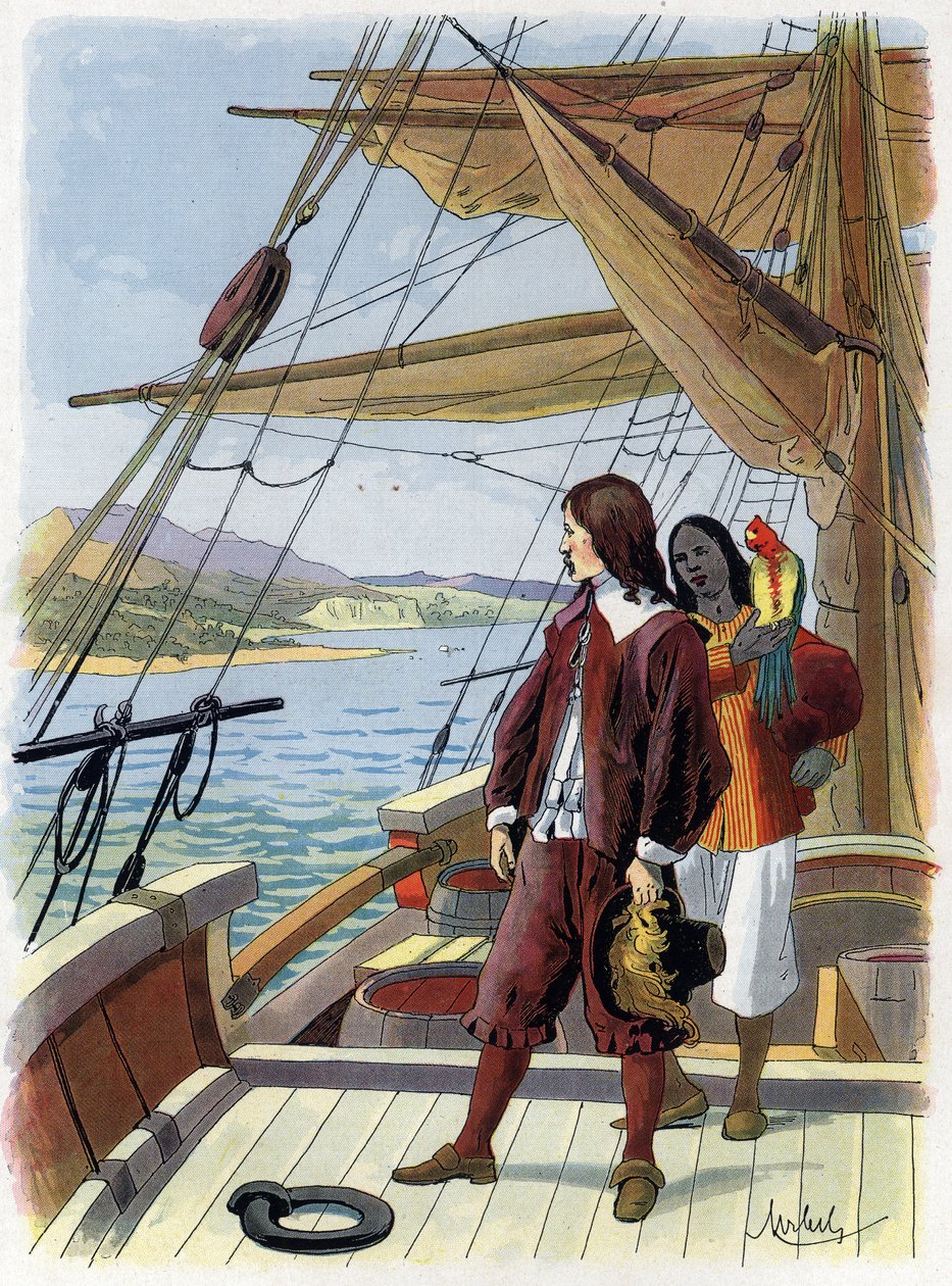 Robinson Crusoe opouští svůj ostrov - Ilustrace Felician MYRBACH MYRBACH RHEINFELD (1853-1940) Pro knihu Daniel Defoe (De foe) Robinson Crusoe. Žádné rande. Asi 1934 od Felicien baron de Myrbach Rheinfeld