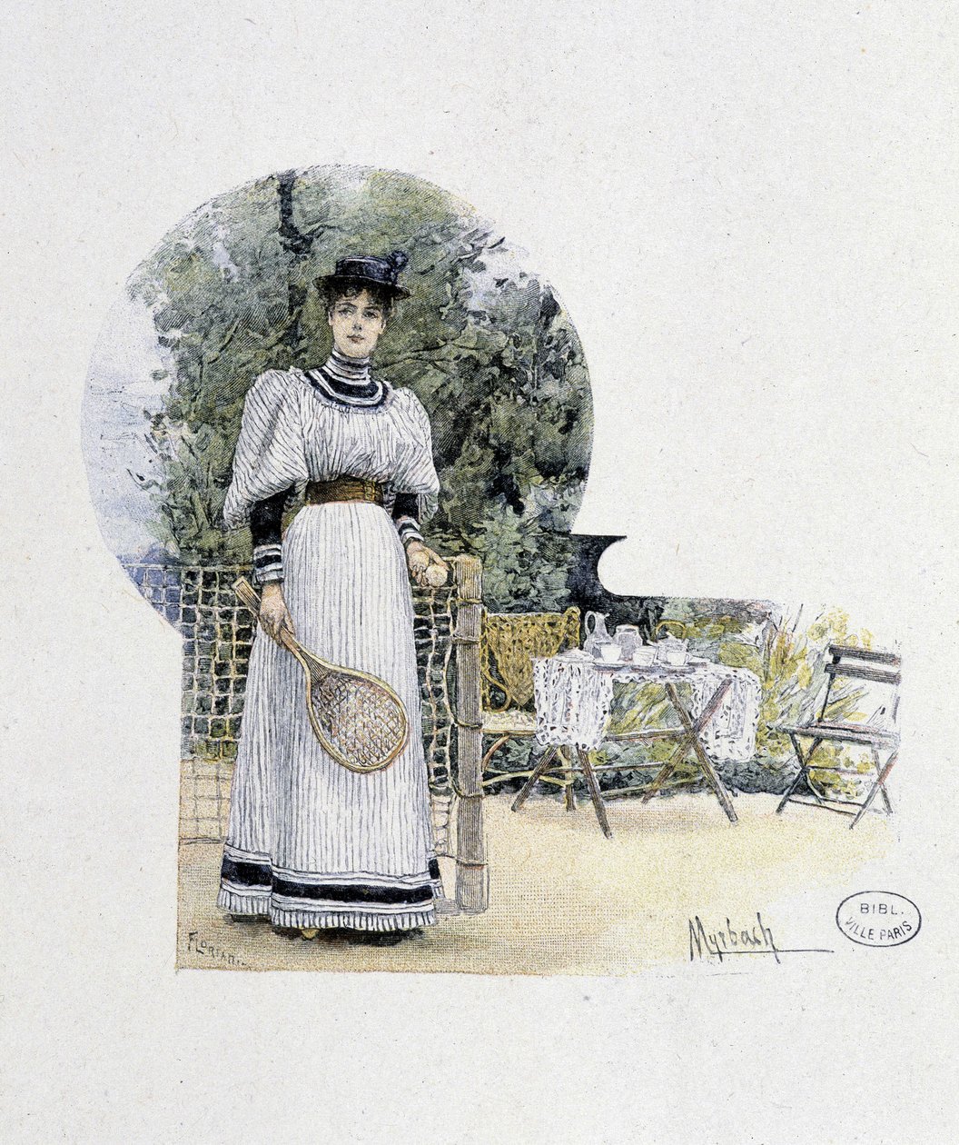Mladá žena na tenisovém kurtu - rytina, konec 19. století od Felicien baron de Myrbach Rheinfeld