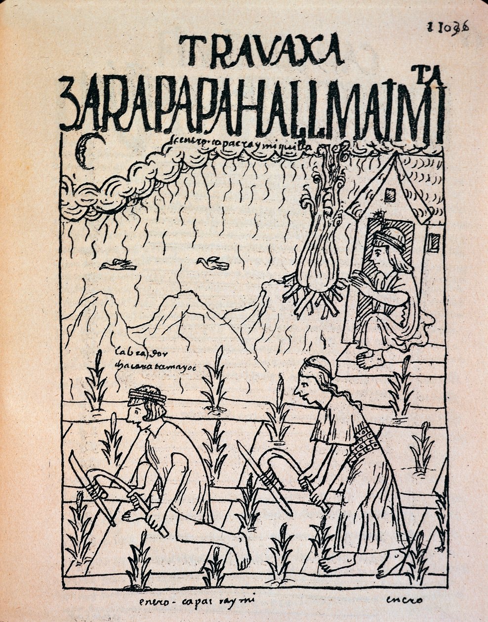 Inca Hatun Runa pár pracující na polích v lednu (kresba inkoustem od Felipe Huaman Poma de Ayala