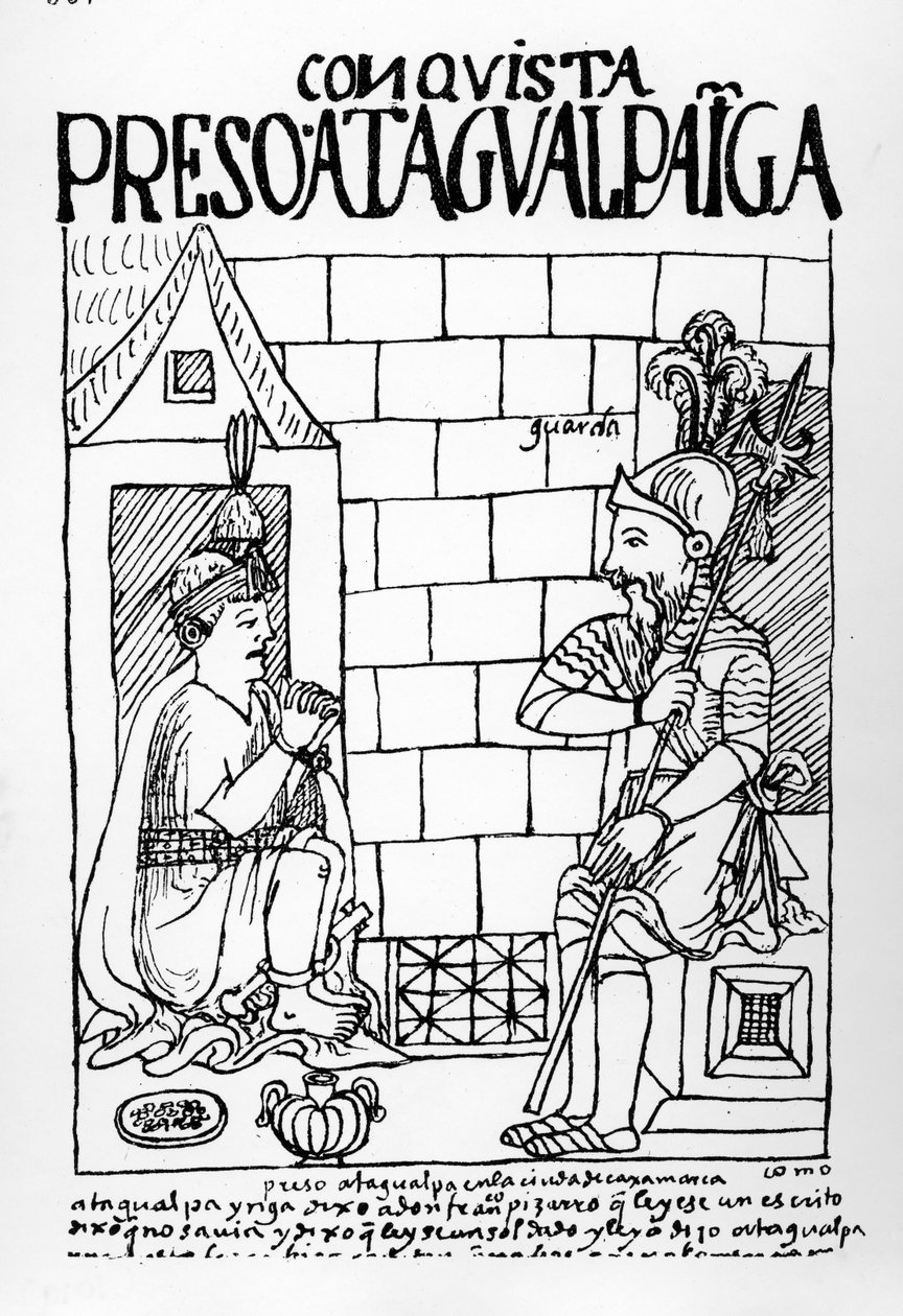 Atahualpa Inca ve svém vězení v Cajamarca od Felipe Huaman Poma de Ayala