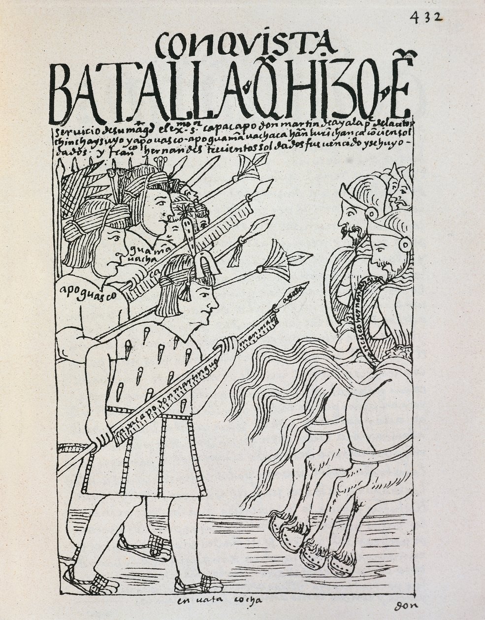 Bitva o Cuzco: Inca Manco Capac obléhá město obsazené dobyvateli, kolem roku 1536 (rytina) od Felipe Huaman Poma de Ayala