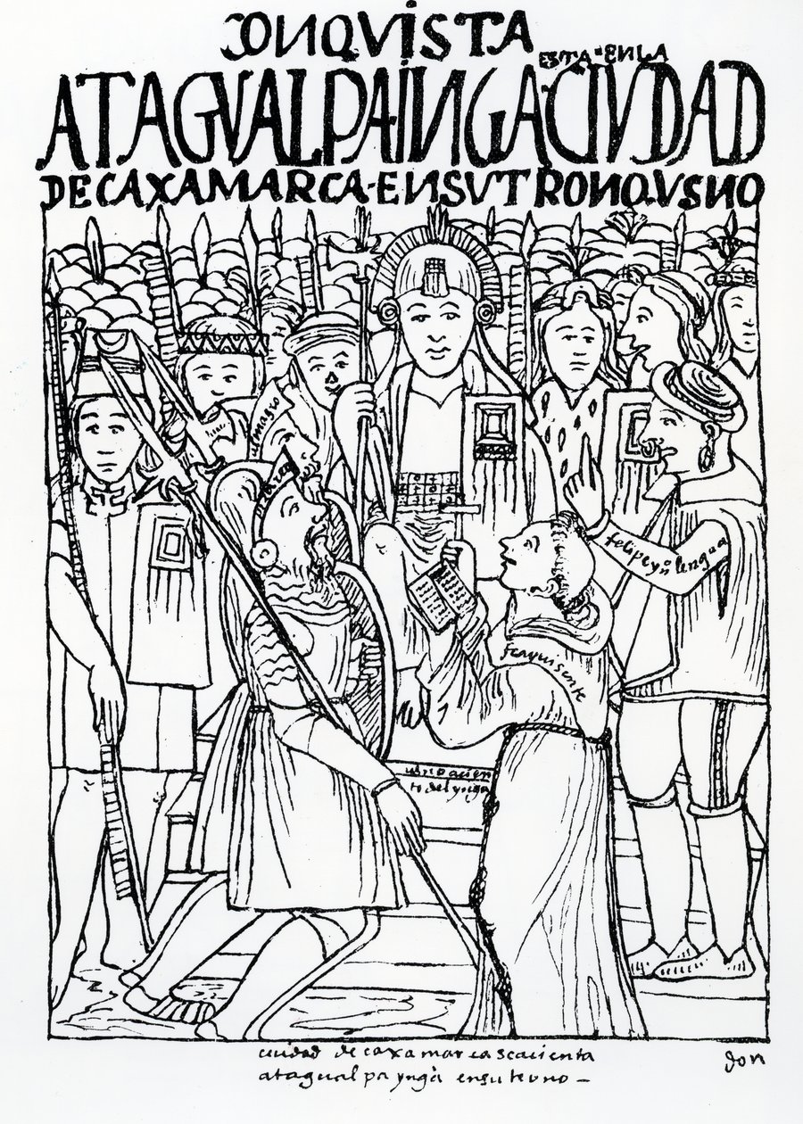 Diego de Almagro, Francisco Pizarro a Friar Vicente de Valverde klečící před Atahualpou Inca v Cajamarca od Felipe Huaman Poma de Ayala