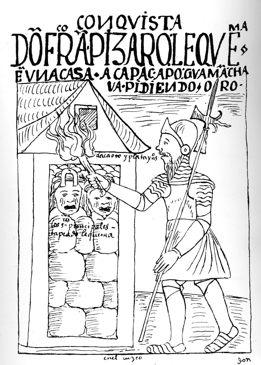 Don Francisco Pizarro zapaluje dům dědečka Poma de Ayala od Felipe Huaman Poma de Ayala