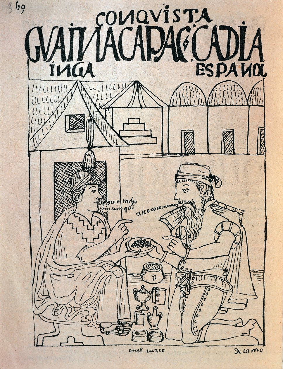 Inka z Cuzca a anglický conquistador přijímající dary výměnou za svobodu inckého císaře Atahualpy (kresba tuší od Felipe Huaman Poma de Ayala
