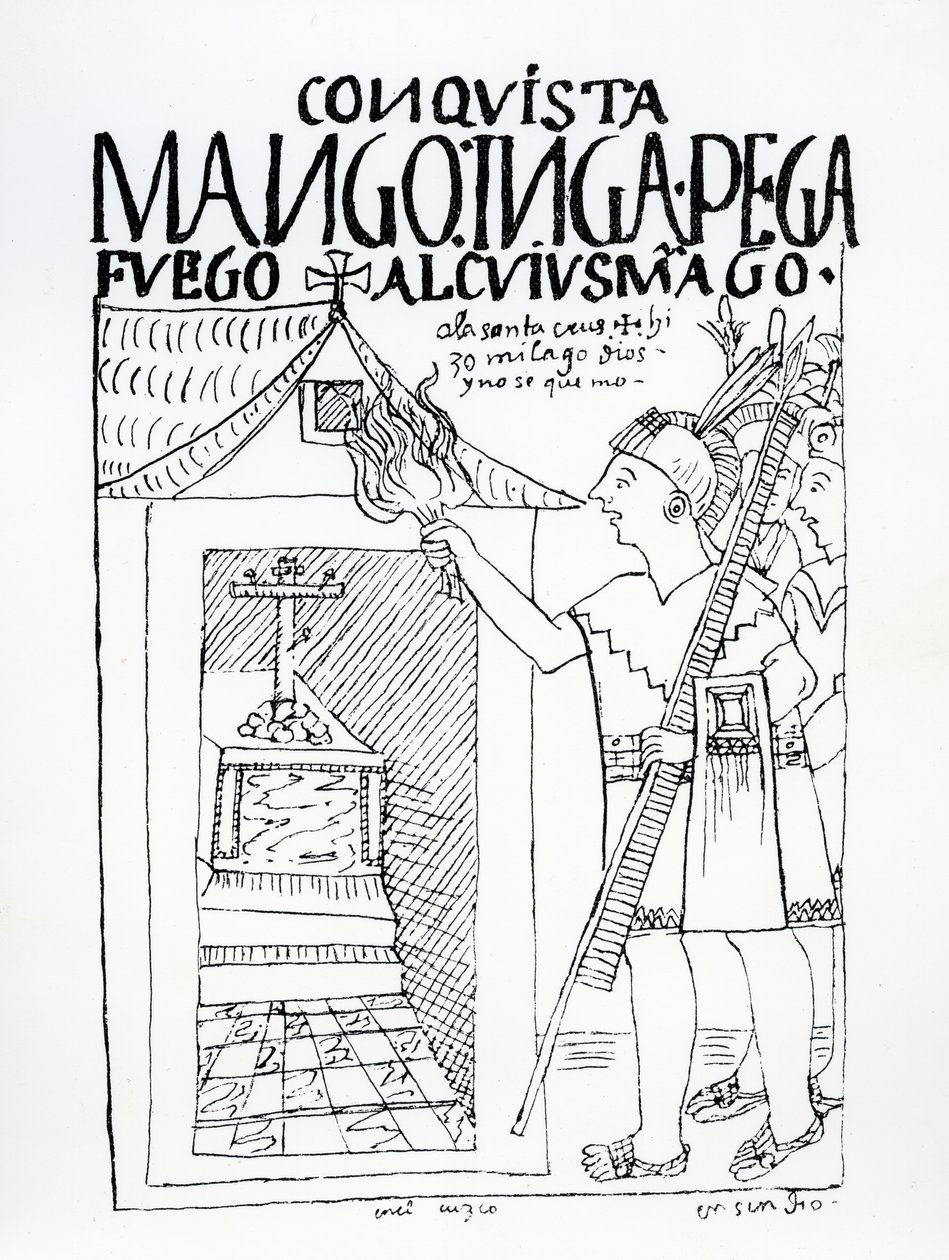 Manco Inca se pokouší vypálit incký palác Cuyus Mango, který byl přeměněn pro křesťanské uctívání, ale Bůh zasáhne (dřevořez) od Felipe Huaman Poma de Ayala